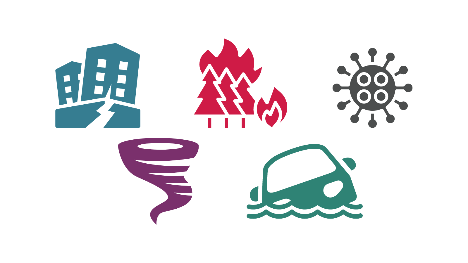 Graphics representing earthquakes, bushfires, COVID-19, cyclones and floods.