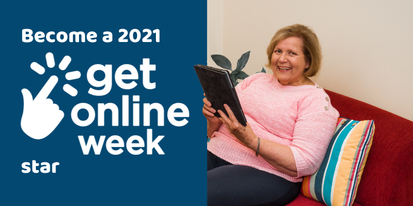 Image: Woman using a tablet. Image text: Become a 2021 Get Online Week star
