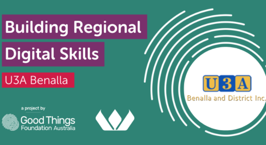 Text reads "Building Regional Digital Skills. Merredin Community Resource Centre." Good Things Foundation Australia, Wesfarmers, and U3A Benalla logos.